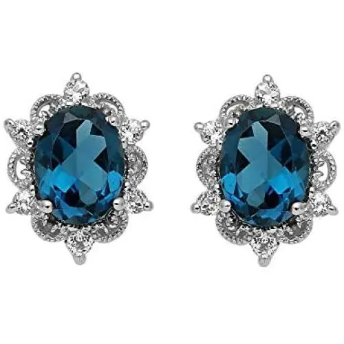 Jewelili Sterling Silver 8x6mm Oval London Blue and Round White Topaz Stud Earrings Jewelili Sterling Silver 8x6mm Oval London Blue and Round White Topaz Stud Earrings