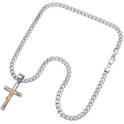 Double Rainbow Jewelry C08-P09 Mens Stainless Steel Gold Silver 2-Tone Jesus Cross Pendant 6mm Cuban Curb Necklace Chain Link