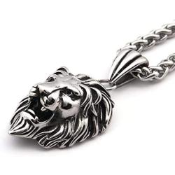 Gungneer Lion CZ Stone Necklace Pendant Stainless Steel Keel Chain Animal Accessory King Jewelry for Men Women