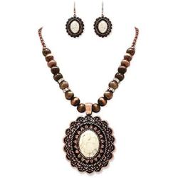 Rosemarie & Jubalee Women’s Cowgirl Chic Western Style Statement Concho Howlite Stone Pendant Necklace Earrings Set, 18''-21'' with 3'' Extender
