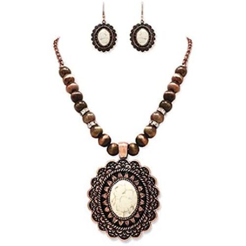 Rosemarie & Jubalee Women’s Cowgirl Chic Western Style Statement Concho Howlite Stone Pendant Necklace Earrings Set, 18''-21'' with 3'' Extender