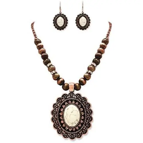 Rosemarie & Jubalee Women’s Cowgirl Chic Western Style Statement Concho Howlite Stone Pendant Necklace Earrings Set, 18''-21'' with 3'' Extender Rosemarie & Jubalee Women’s Cowgirl Chic Western Style Statement Concho Howlite Stone Pendant Necklace Earrings Set, 18''-21'' with 3'' Extender