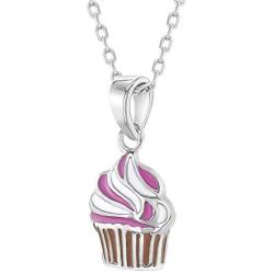 925 Sterling Silver Sweet Pink Enamel Cupcake Pendant Necklace for Girls 16''