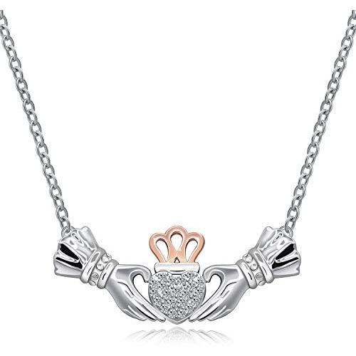 Irish Claddagh Necklace for Women Sterling Silver Girls Crystal Celtic Claddagh Hands Holding Crown Love Heart Pendant Necklace