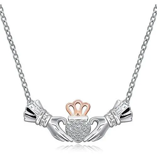 Irish Claddagh Necklace for Women Sterling Silver Girls Crystal Celtic Claddagh Hands Holding Crown Love Heart Pendant Necklace