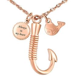 XIUDA Fish Hook Memorial Ash Urn Necklace Stainless Steel Cremation Jewelry for mom & dad, Fish Pendant & Always in My Heart