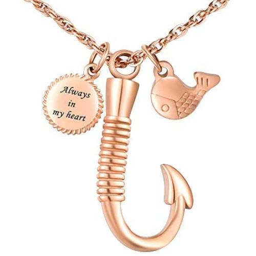 XIUDA Fish Hook Memorial Ash Urn Necklace Stainless Steel Cremation Jewelry for mom & dad, Fish Pendant & Always in My Heart