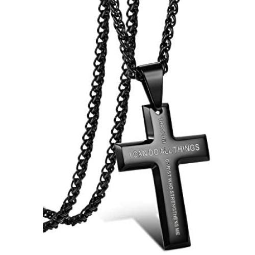 CASSIECA Stainless Steel Lords Prayer Cross Pendant Necklaces Bible Verse Philippians 4:13 Pendants for Mens Cross Necklace Chain 22 24 28 Inch