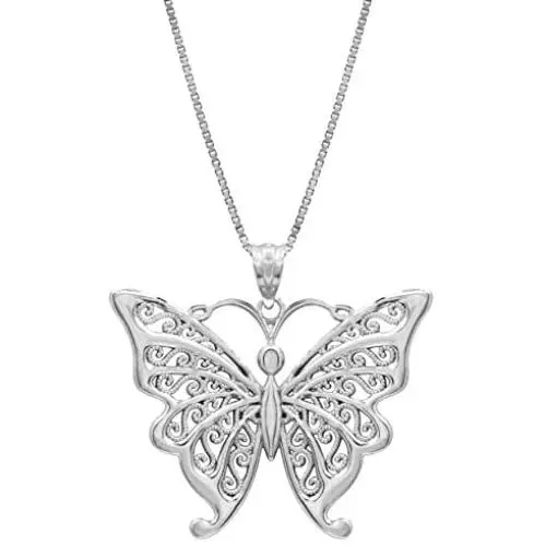 Honolulu Jewelry Company Sterling Silver Butterfly Necklace Pendant with Filigree Wings with 18'' Box Chain Honolulu Jewelry Company Sterling Silver Butterfly Necklace Pendant with Filigree Wings with 18'' Box Chain
