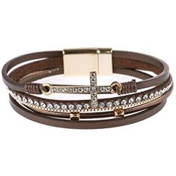 RIAH FASHION Bohemian Faux Leather Wrap Multi Layer Statement Bracelet - Cross Christian Religious Leatherette Cuff Crystal Rhinestone, Metallic Bead, Acrylic Pearl Bangle