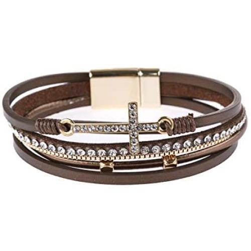 RIAH FASHION Bohemian Faux Leather Wrap Multi Layer Statement Bracelet - Cross Christian Religious Leatherette Cuff Crystal Rhinestone, Metallic Bead, Acrylic Pearl Bangle