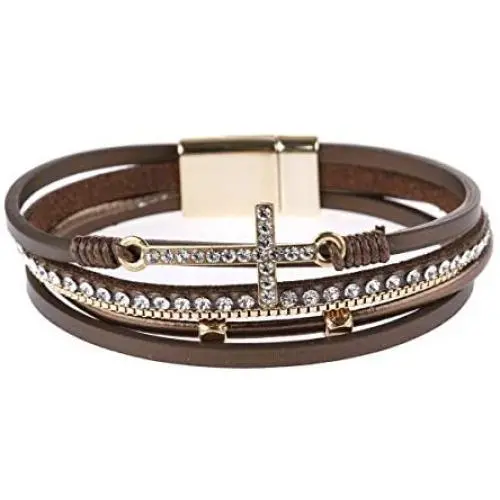 RIAH FASHION Bohemian Faux Leather Wrap Multi Layer Statement Bracelet - Cross Christian Religious Leatherette Cuff Crystal Rhinestone, Metallic Bead, Acrylic Pearl Bangle