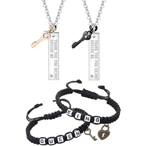 Thunaraz 4Pcs Couple Bracelet Necklace Love Gift Set Heart and Key Lettering Necklace for Women Men Handmade Braided Matching Rope Bracelet for Couples King and Queen Bracelets Adjustable Thunaraz 4Pcs Couple Bracelet Necklace Love Gift Set Heart and Key Lettering Necklace for Women Men Handmade Braided Matching Rope Bracelet for Couples King and Queen Bracelets Adjustable