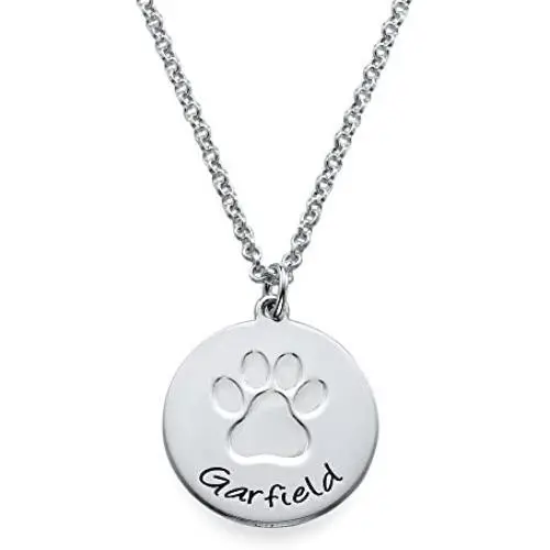 MyNameNecklace Personalized Necklace with Paw Print - Engrave Your Pets Name on Disc Pendant - Pets Lovers Jewelry Gift
