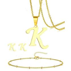 PANSHI Initial Letter Pendant Necklaces Set Gold Jewelry Bracelets Set Stainless Steel Earrings Sets Alphabet Charm from A to Z Birthday Present Personalized Gifts for Women Girls