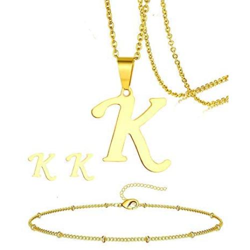 PANSHI Initial Letter Pendant Necklaces Set Gold Jewelry Bracelets Set Stainless Steel Earrings Sets Alphabet Charm from A to Z Birthday Present Personalized Gifts for Women Girls