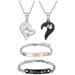 4Pcs Couple Necklace Bracelet Set for Him and Her Love Heart Shape Pendant Necklace King Queen Distance Bracelets For Wpmen (A)