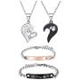 4Pcs Couple Necklace Bracelet Set for Him and Her Love Heart Shape Pendant Necklace King Queen Distance Bracelets For Wpmen (A)