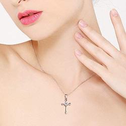 Charms Cross Pendant Necklace with Cubic Zirconia, Platinum Plated Stainless Steel Christian Jewelry for Women ZY061