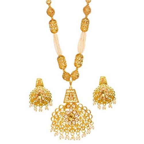 Bindhani Bollywood Style Jewellery Traditional Wedding Bridal Gold Plated Kundan Pearl Mala Pendant Necklace Earrings Jewelry Set for Women by Indian Artisan