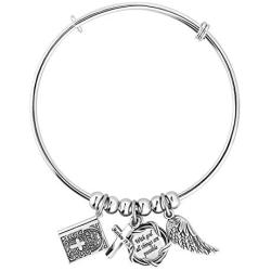 CoolJewelry Inspirational Bracelet Bible Cross Charm Expandable Angel Wing Personalized Stainless Steel Bangle