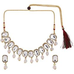 Efulgenz Fashion Chunky Crystal Oxidized Gold Statement Choker Necklace Earrings Bracelet Maangtikka Ring Set Costume Jewelry