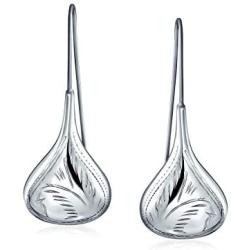 Carved Etched Puffed Teardrop Pear Shaped Rain Drop Earrings For Women Fishhook 925 Sterling Silver 1.25 1.5 1.75 Inch