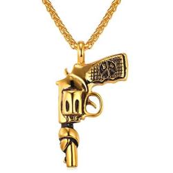 U7 American Style Hip Hop Chain Men Women Pendant Necklace Gold Plated Stainless Steel Vintage Revolver Handgun Necklace