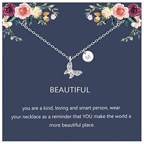 Butterfly Necklace Initial Letter Pendant Necklace with Message Card Butterfly Jewelry Gifts for Women Girls