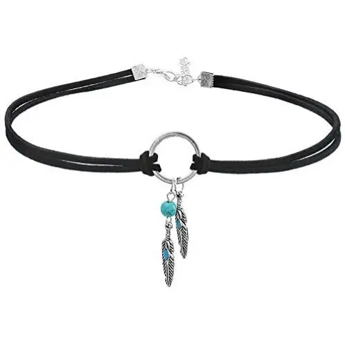 MJartoria Native American Bohemian Feather Charm Handmade PU Leather Choker Necklace MJartoria Native American Bohemian Feather Charm Handmade PU Leather Choker Necklace
