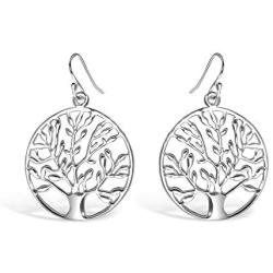 Tisoro 925 Solid Sterling Silver Filigree Tree of Life Dangle Hoop Earrings, 25mm Circle Dangling Jewelry