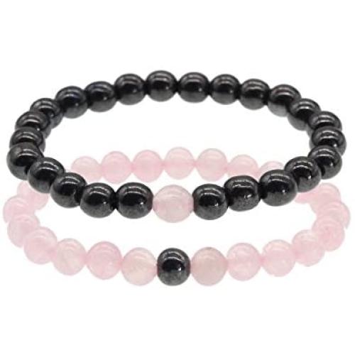 ZHEPIN 8MM Couples Bracelets Natural Amethyst Black Agate Hematite Rose Quartz Lava Stone Gemstone Bracelet for Women Men Energy Healing Stone Crystals