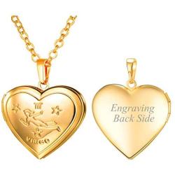 Women Girls Personalized Locket Necklace Zodiac Sign Grain Platinum 18K Gold Heart Pendant that Hold Photo Picture, with Text Engrave or Image Custom, Chain 20 Inch