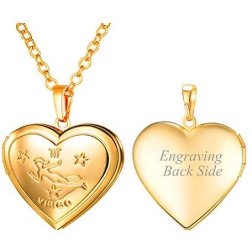 Women Girls Personalized Locket Necklace Zodiac Sign Grain Platinum 18K Gold Heart Pendant that Hold Photo Picture, with Text Engrave or Image Custom, Chain 20 Inch
