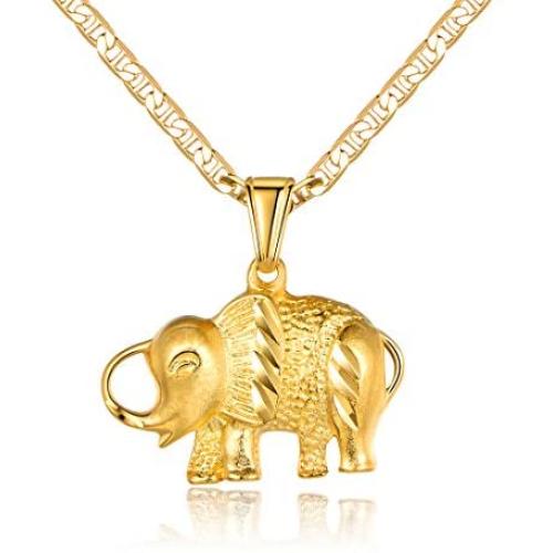 Barzel Elephant Necklace for Women, Men, Boys, and Girls 18K Gold Plated Flat Mariner/Marina 060 3MM Chain Necklace Elephant Pendant