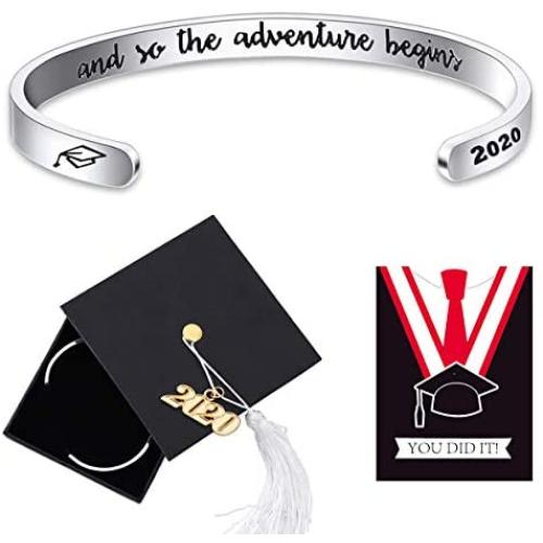 Ldurian 2021 Bracelet for Graduation, Inspirational Grad Bangle Cuff for Women, Graduate Gift for Her, College Senior Bracelet, Graduation Jewelry with 2021 Cap Box & Card & Bag
