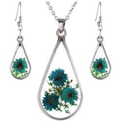 FM FM42 Red Turquoise Pressed Flowers Teardrop Drop Dangle Earrings Pendant Necklace Jewelry Set, 2 Colors