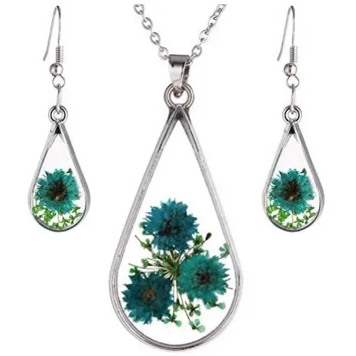 FM FM42 Red Turquoise Pressed Flowers Teardrop Drop Dangle Earrings Pendant Necklace Jewelry Set, 2 Colors