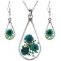 FM FM42 Red Turquoise Pressed Flowers Teardrop Drop Dangle Earrings Pendant Necklace Jewelry Set, 2 Colors