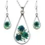 FM FM42 Red Turquoise Pressed Flowers Teardrop Drop Dangle Earrings Pendant Necklace Jewelry Set, 2 Colors