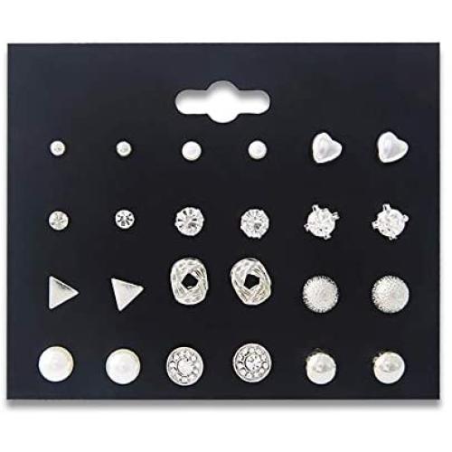 Hithop 12Pairs Women Girl Fashion Pearl Crystal Heart Stud Triangle Earring Set Jewelry EW sakcharn (Silver)