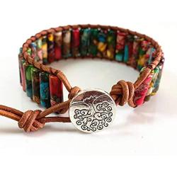 LAVI Handmade Leather Chakra Imperial Jasper Beads Cuff Wrap Alloy Bracelet for Women Men Bohemian Style