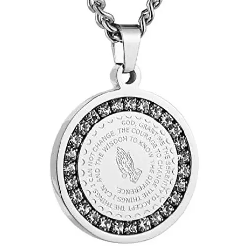 HZMAN Bible Verse Prayer Necklace Christian Jewelry Gold Stainless Steel Praying Hands Coin Medal Pendant