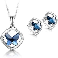 T400 925 Sterling Silver Blue Butterfly Crystal Pendant Necklace Dangling Stud Earrings Jewelry Set Birthday Gift for Women Girls