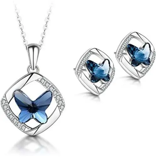 T400 925 Sterling Silver Blue Butterfly Crystal Pendant Necklace Dangling Stud Earrings Jewelry Set Birthday Gift for Women Girls T400 925 Sterling Silver Blue Butterfly Crystal Pendant Necklace Dangling Stud Earrings Jewelry Set Birthday Gift for Women Girls
