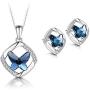 T400 925 Sterling Silver Blue Butterfly Crystal Pendant Necklace Dangling Stud Earrings Jewelry Set Birthday Gift for Women Girls