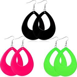 Hicarer 3 Pairs Women Fashion Retro Neon Earrings for 80s Party or Retro Costume Party (Oval Earings)