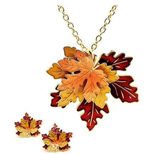 DREAMLANDSALES Celebrity Fall Autumn Festival Enamel Sugar Maple Leaf Necklace and Earrings Jewelry Sets