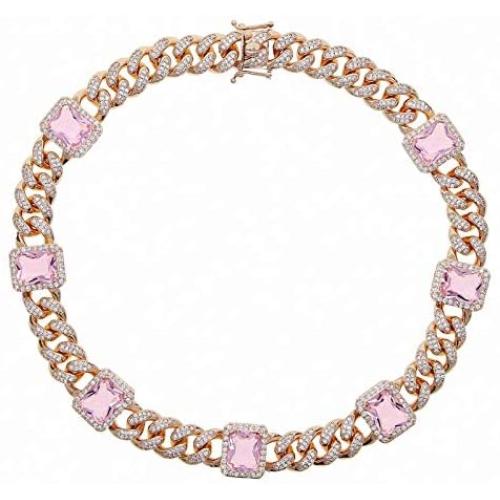 U/N Iced Out Miami Cuban Link Chain CZ Bracelet Green Blue Red CZ Color Stone Paved Women Hip Hop Punk Necklace Jewelry