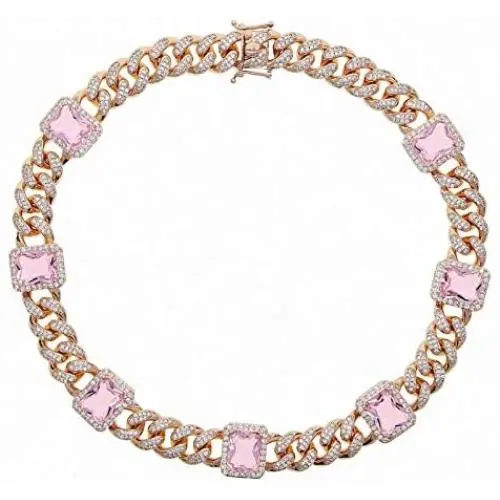 U/N Iced Out Miami Cuban Link Chain CZ Bracelet Green Blue Red CZ Color Stone Paved Women Hip Hop Punk Necklace Jewelry